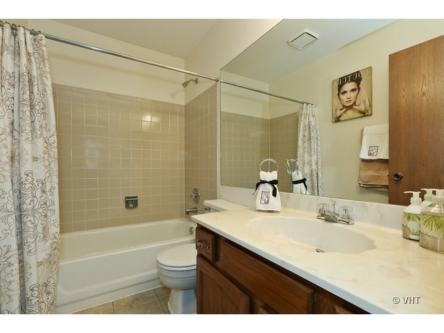 1549 Sandhurst Court, Unit B Wheaton, IL 60189 - Photo 8 of 11 a bathroom with a granite countertop sink a toilet and shower