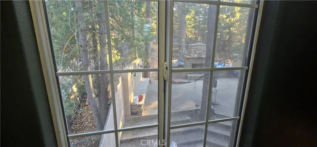 a bathroom with a glass door