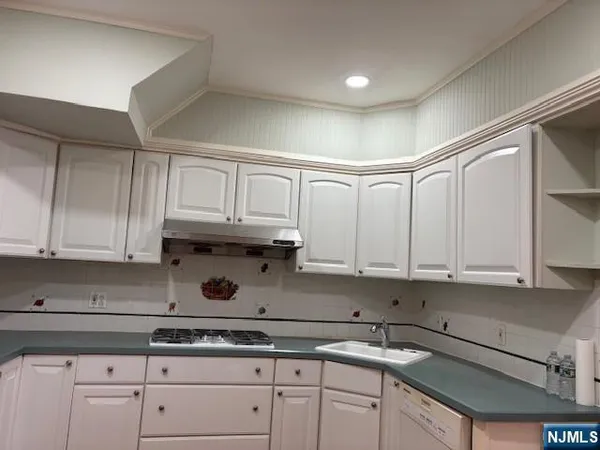 a kitchen with stainless steel appliances granite countertop a sink a stove and white cabinets