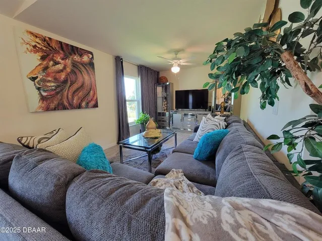 a living room with furniture and a potted plant