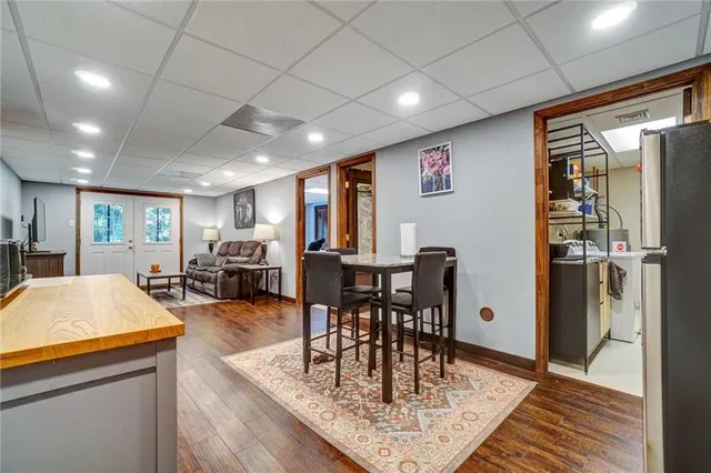 a view of a dining room with furniture