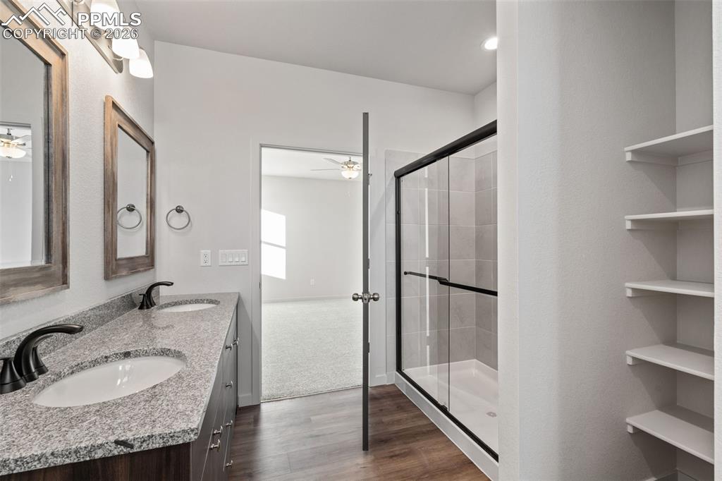 24615 Big Springs Road Calhan, CO 80808 - Photo 16 of 40 a bathroom with a granite countertop shower sink and mirror
