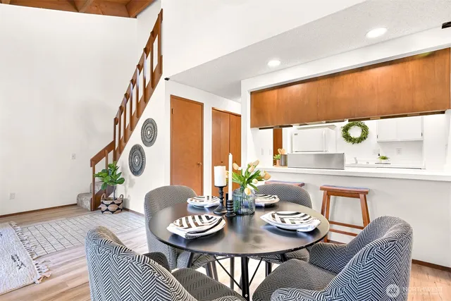a view of a dining room with furniture