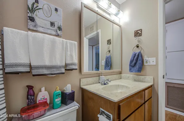 a bathroom with a sink vanity and mirror
