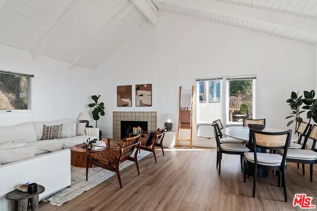 a living room with furniture a fireplace and a potted plant