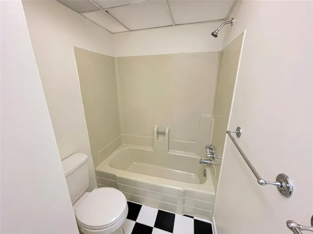 a bathroom with a bathtub and a toilet