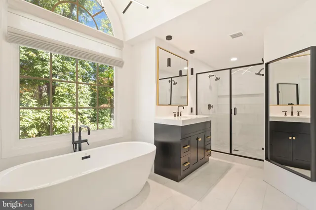 a view of a backyard with potted plants and large trees