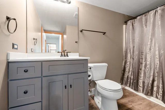 a bathroom with a sink a toilet and shower