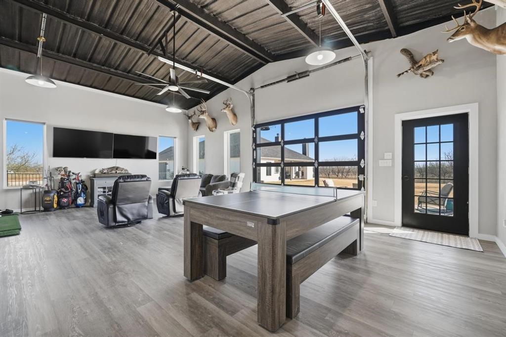 136 Mistletoe Ridge Lawn, TX 79530 - Photo 33 of 37 Recreation room featuring high vaulted ceiling, light wood-style floors, healthy amount of natural light, and a ceiling fan