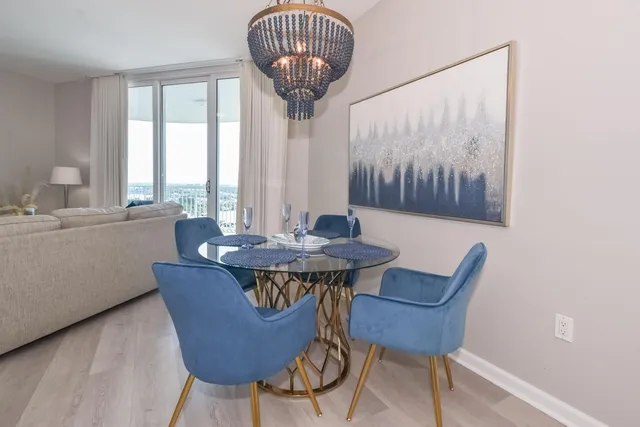 a view of a dining room with furniture window and outside view