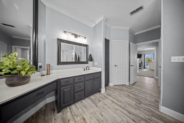 a spacious bathroom with a sink a mirror and a potted plant