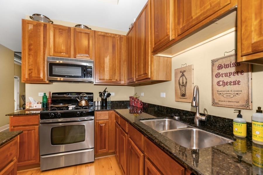 339 Front Street, Unit 2207 Lemont, IL 60439 - Photo 6 of 27 a kitchen with granite countertop a sink a stove and cabinets