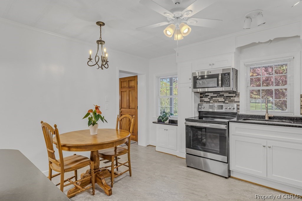 1057 Monaskon Road Lancaster, VA 22503 - Photo 19 of 43 Kitchen featuring a wealth of natural light, sink, white cabinetry, and appliances with stainless steel finishes