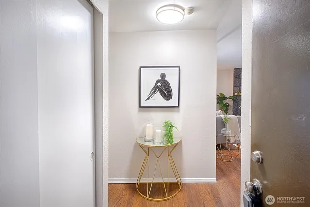a view of a dining room with furniture
