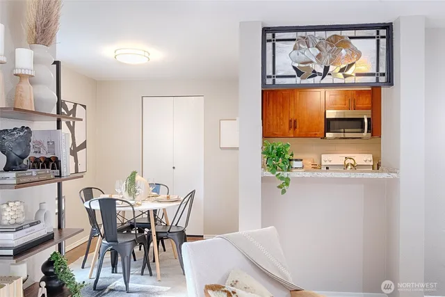 a view of a dining room with furniture