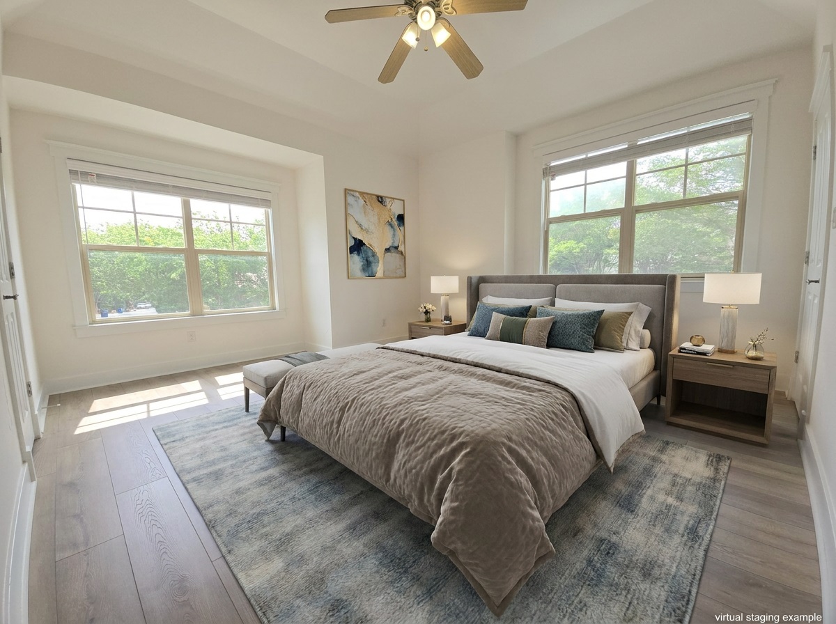 2800 Waymaker Way, Unit 24 Austin, TX 78746 - Photo 11 of 14 Spacious room featuring light wood-finish flooring, a ceiling fan, and two large windows with white trim