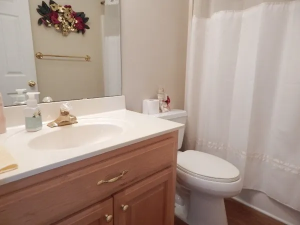 a bathroom with a sink a toilet and mirror