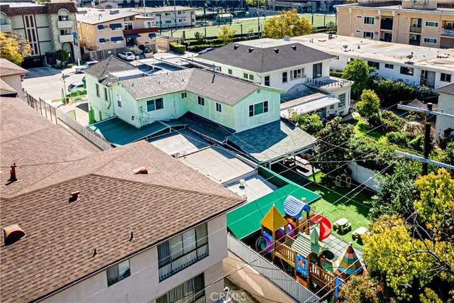 a city view with tall buildings