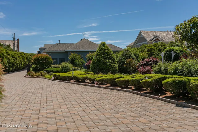 a garden view with a bench
