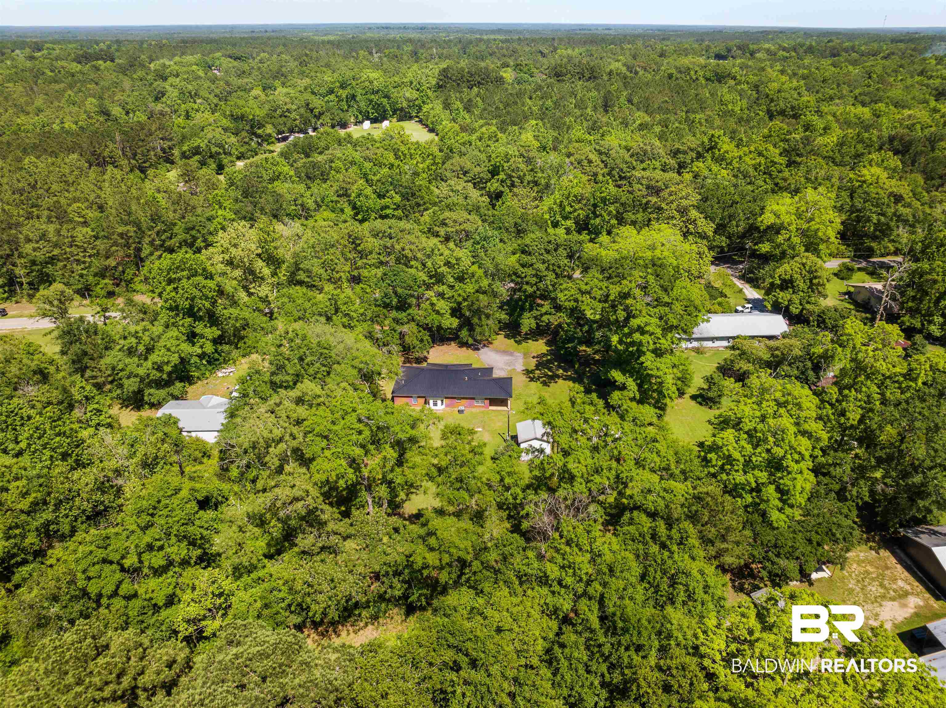35893 Pine Road South Stapleton, AL 36578 - Photo 28 of 31 Expansive wooded acreage featuring multiple structures, including a primary residence with a dark roof, surrounded by mature trees