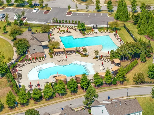 an aerial view of a swimming pool