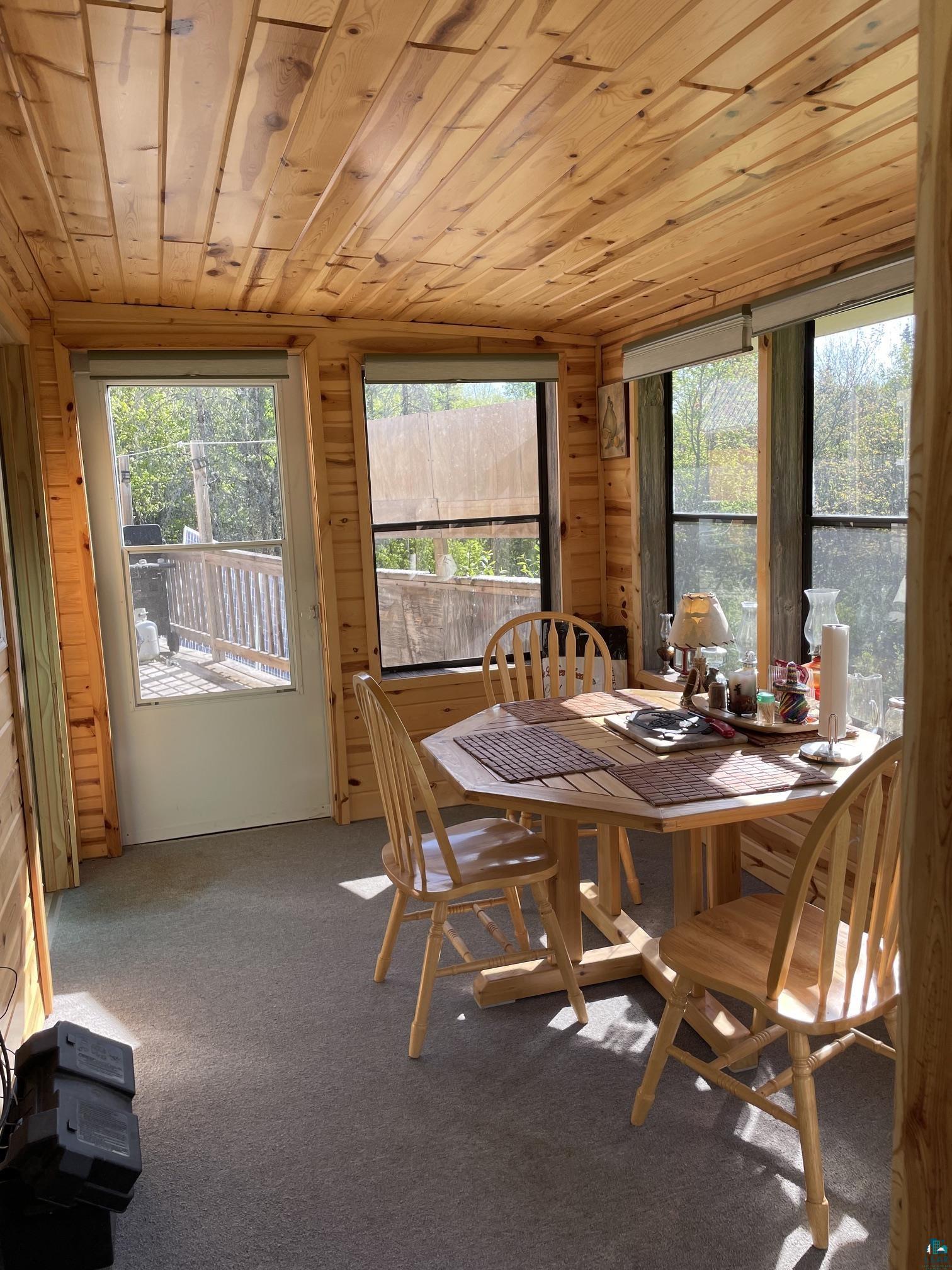 1152 Fernberg Road Ely, MN 55731 - Photo 14 of 24 Wood-paneled room featuring multiple windows, carpeted flooring, and a white exterior door providing access to an outdoor deck