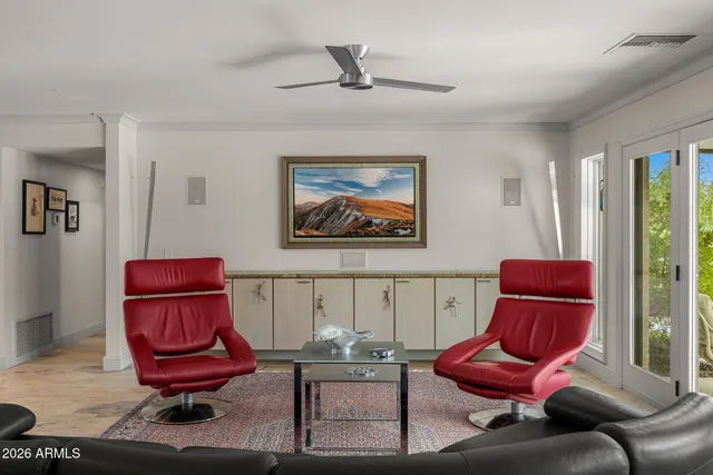 a view of a dining room with furniture window and outside view