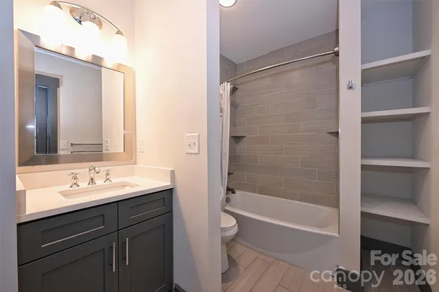 a bathroom with a bathtub shower sink vanity and toilet