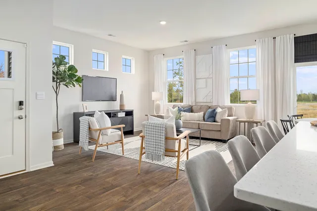 a living room with furniture a rug and a large window