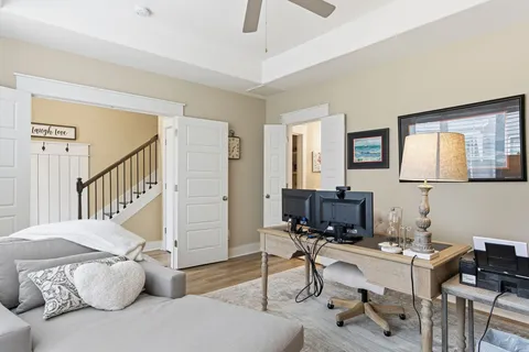 a workspace with a couch