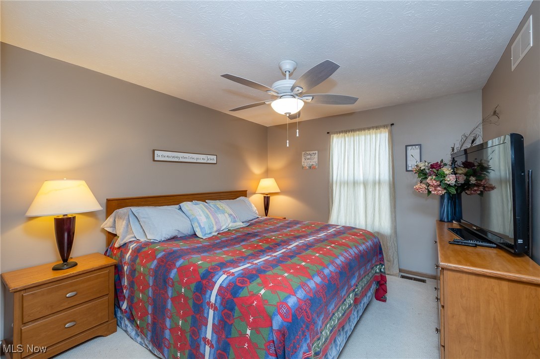 12181 Williams Road Homerville, OH 44235 - Photo 27 of 49 Bedroom with light carpet, a textured ceiling, and ceiling fan