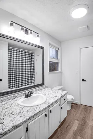 a bathroom with a granite countertop sink and a toilet