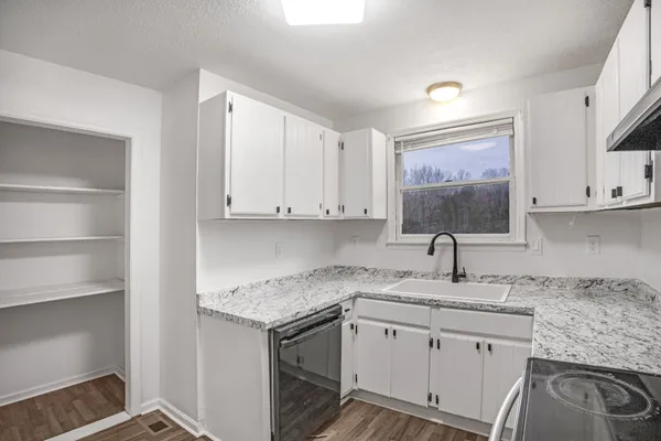 a kitchen with granite countertop a sink dishwasher and cabinets