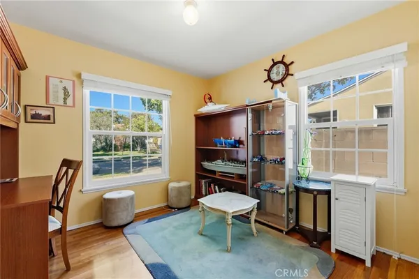 a living room with furniture a rug and a window