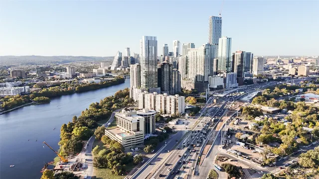 a view of a city with tall buildings