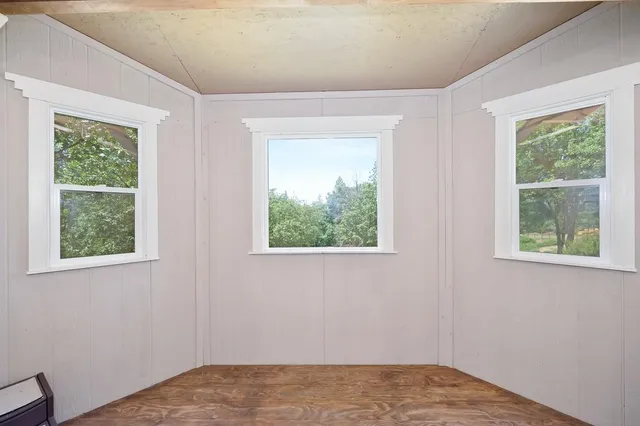 a view of a garden with an trees