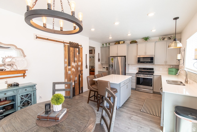1373 South Raintree Lane Santaquin, UT 84655 - Photo 3 of 29 Kitchen featuring stainless steel appliances, a center island, a kitchen breakfast bar, light wood-style floors, and backsplash