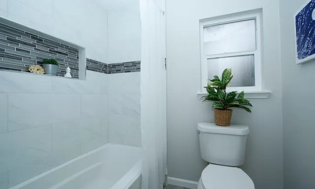 a white toilet sitting next to a bath tub