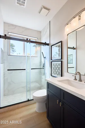 a bathroom with a sink a toilet and shower