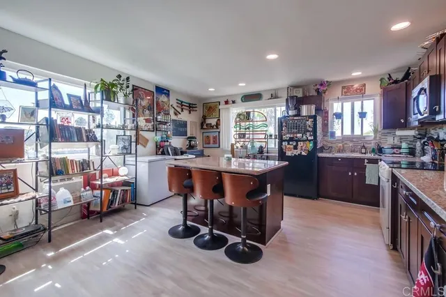 a kitchen with a workspace