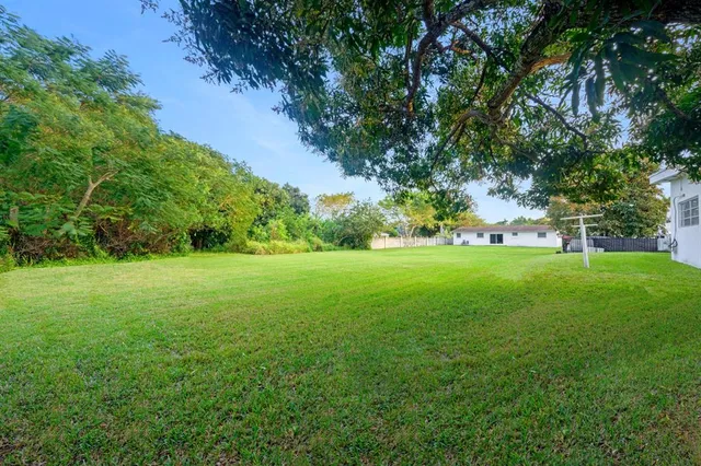 a view of green field with trees in the background