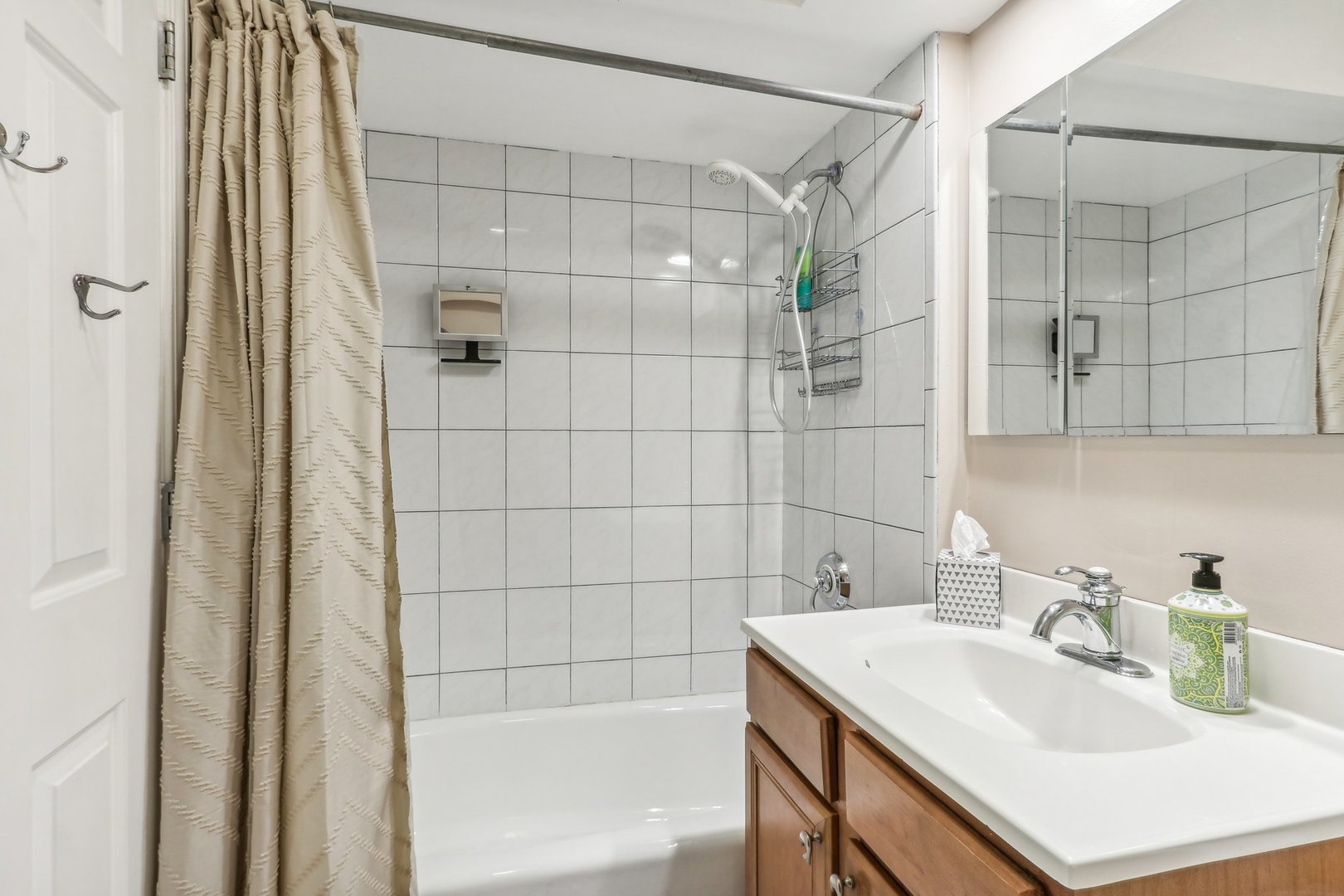 815 Reba Place, Unit 104 Evanston, IL 60202 - Photo 24 of 26 a bathroom with a sink shower and a mirror