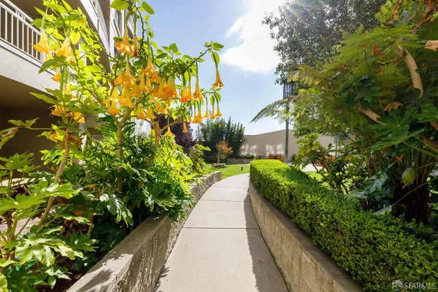 a view of a dining building and outdoor space
