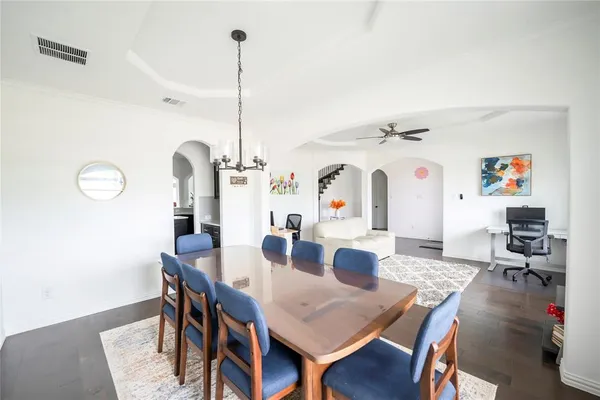 a view of a dining room with furniture