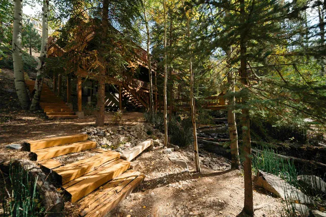 a view of a wooden house with large trees
