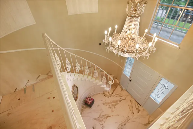 a view of a chandelier in a room