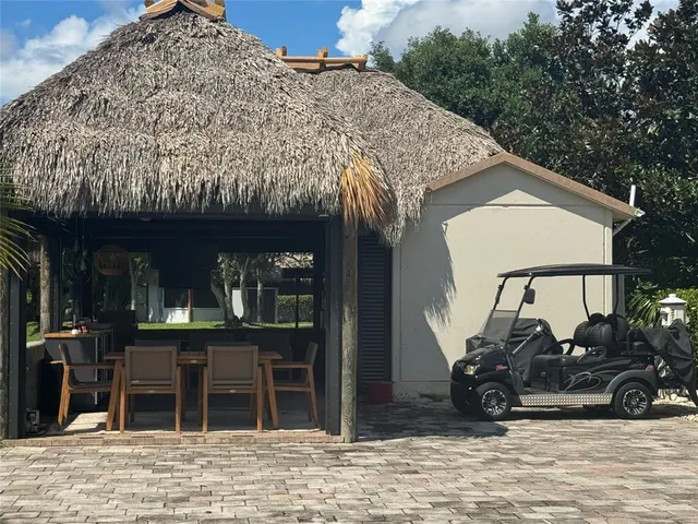 an outdoor space with seating area