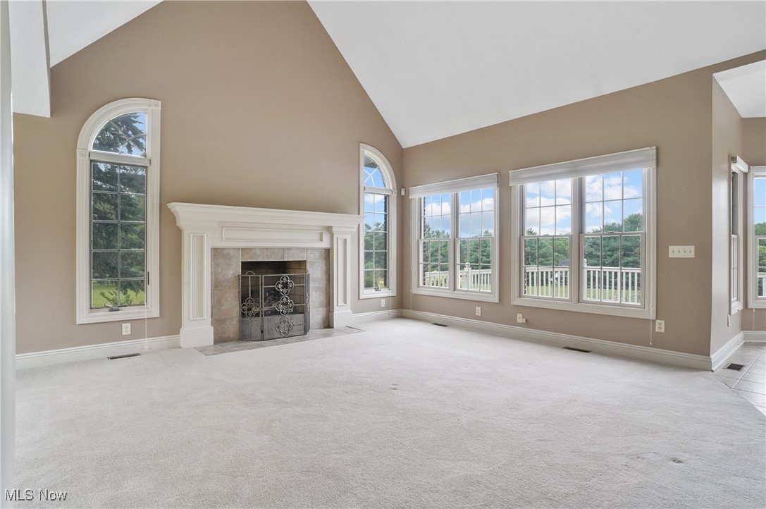 5952 Beach Road Wadsworth, OH 44281 - Photo 4 of 40 living room with high vaulted ceiling, plenty of natural light, carpet floors, and a fireplace