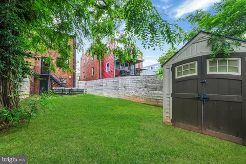 a view of a backyard with a tree