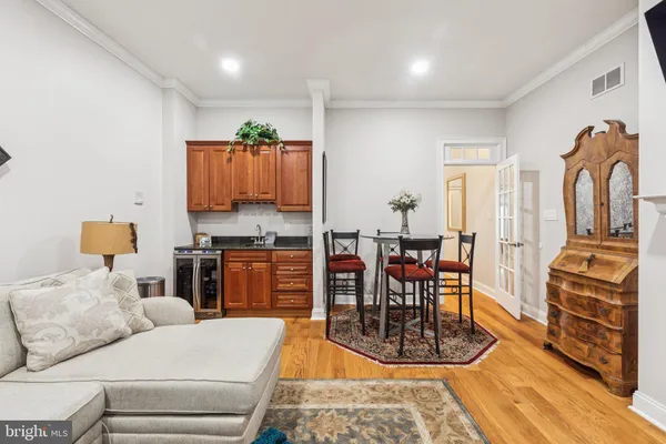 a view of a balcony with wooden floor